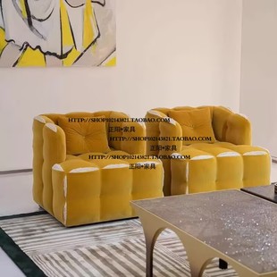 北歐美式 中古風(fēng)爆漿布藝單人位沙發(fā)椅洽談椅交椅客廳模塊復(fù)古家具