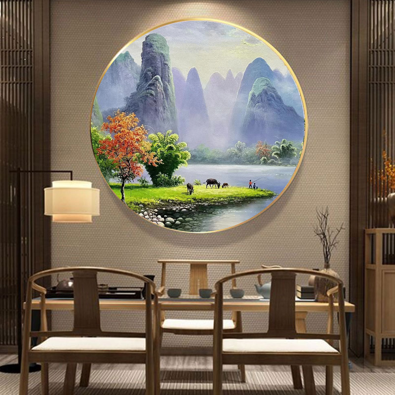 中式圆形山水装饰画玄关风景手绘油画过道餐厅壁画挂画大芬村定制图片