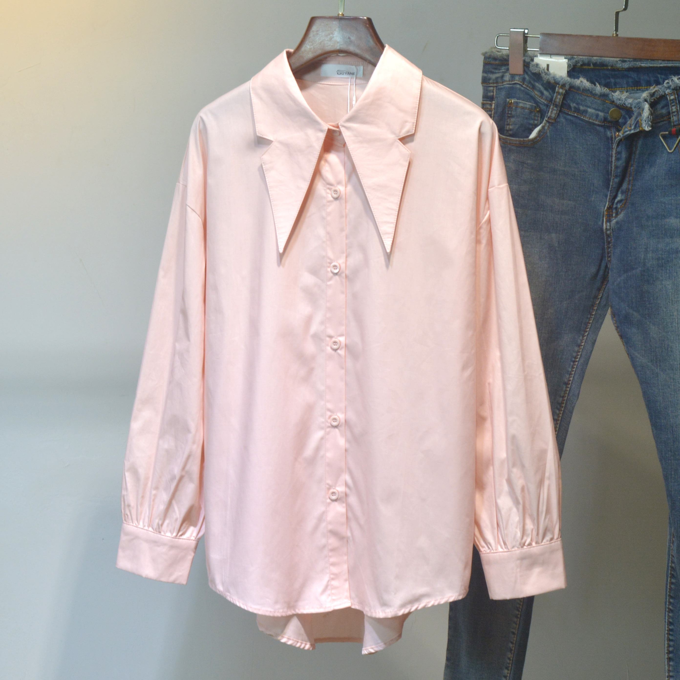 大领子韩版秋冬粉色衬衫纯色长袖