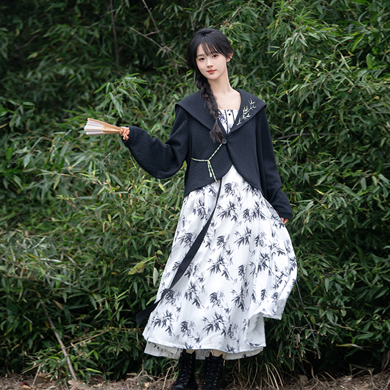 若為竹 清水溪漢初原創(chuàng)漢服女國風交領外套改良漢元素吊帶連衣裙