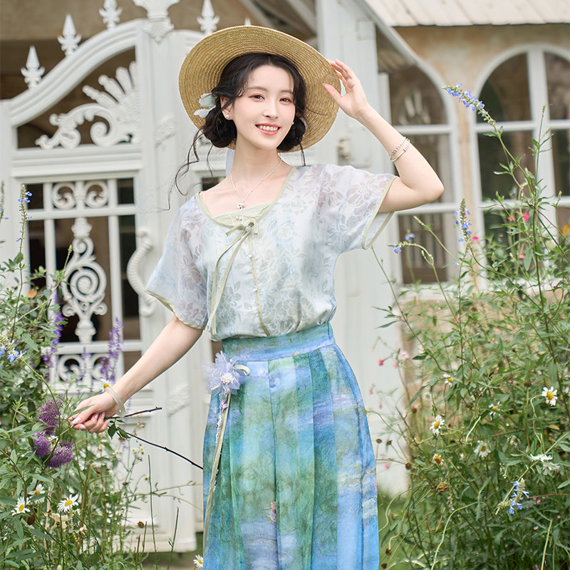 莫奈花园 清水溪汉初原创国风夏季简约汉服元素唐褙子七分阔腿裤图片