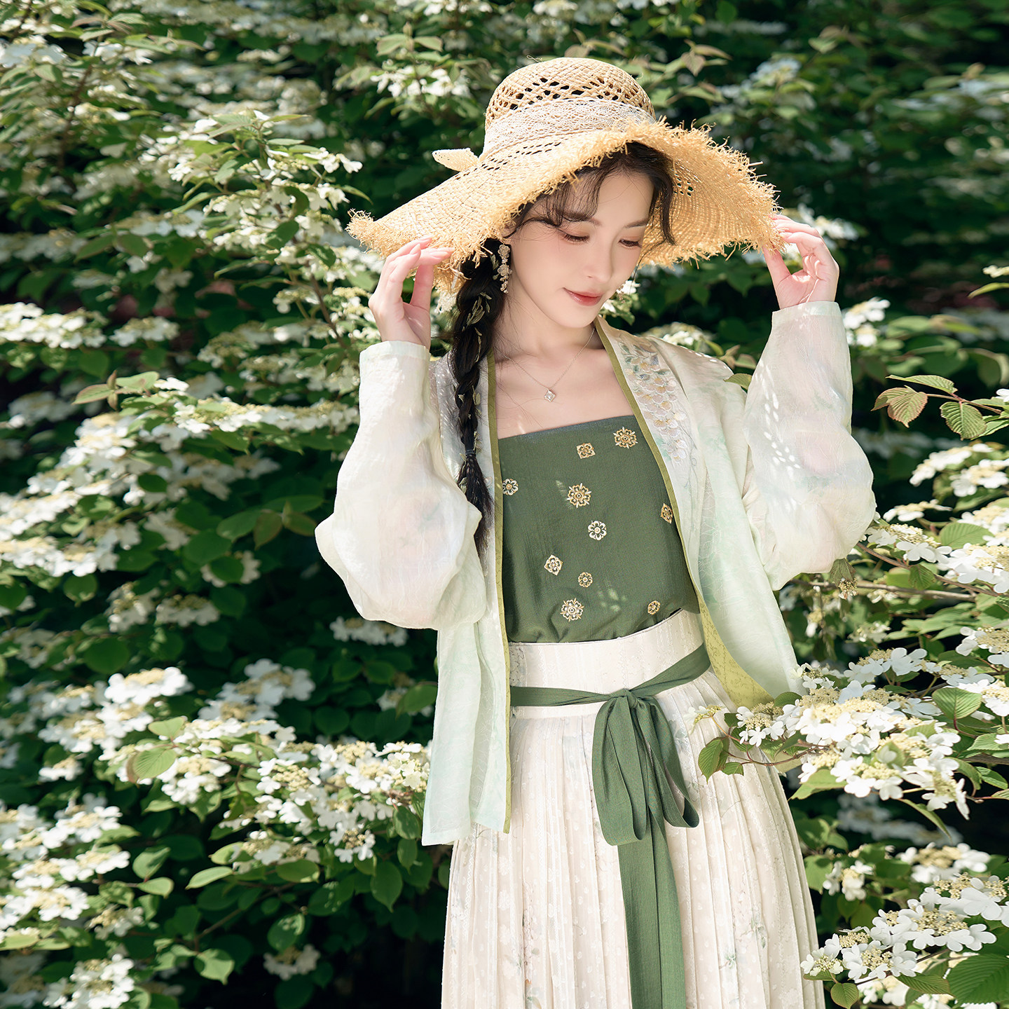 槐夏清风 清水溪汉初夏季宋制飞机袖百迭裙绿色汉服日常百搭套装图片