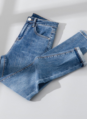 复古蓝紧身牛仔小脚裤春秋2025高腰弹力显瘦小个子八九分铅笔裤子