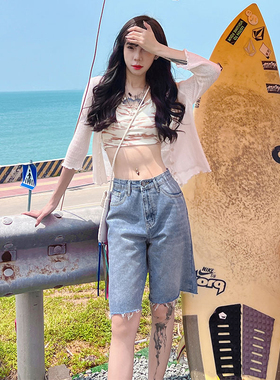 港风毛边直筒牛仔短裤女2023夏新款高腰休闲显瘦五分宽松阔腿中裤