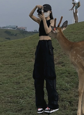 美式黑色工装裤女2024年秋装新款小个子阔腿裤宽松速干登山裤春秋