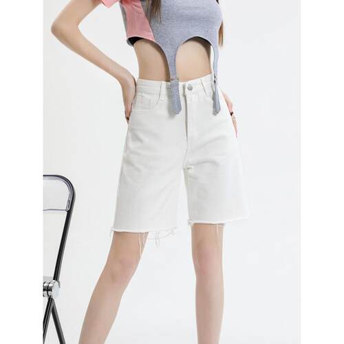 夏装薄款白色牛仔五分裤女2023新款高腰宽松阔腿百搭骑行休闲中裤