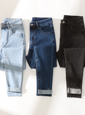 冬季加薄绒牛仔小脚裤女高腰弹力紧身显瘦小个子八九分铅笔裤靴裤