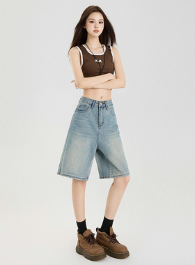 浅蓝色高腰牛仔阔腿五分裤女短裤夏季薄款新品宽松显瘦直筒中裤子