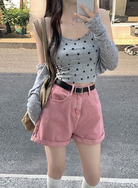 夏日糖果色卷边牛仔短裤女2023新款高腰宽松阔腿A字脏粉色热裤ins