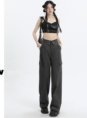 灰色美式翻边工装牛仔裤女夏季新款设计感宽松直筒显瘦休闲阔腿裤