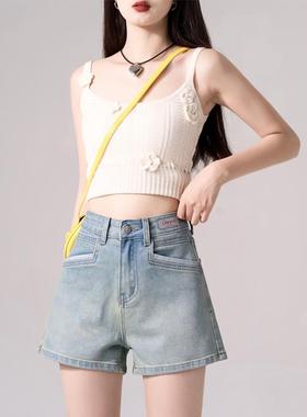 浅蓝色高腰牛仔短裤女夏季新品2025宽松显瘦阔腿百搭休闲a字热裤