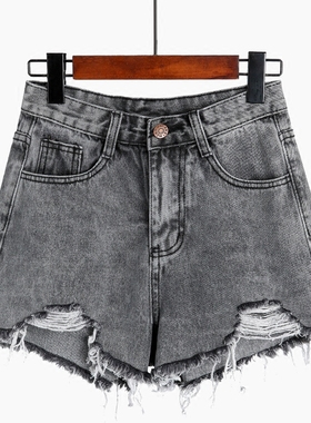 烟灰色不规则毛边高腰牛仔短裤女夏2022新款韩版宽松学生阔腿热裤