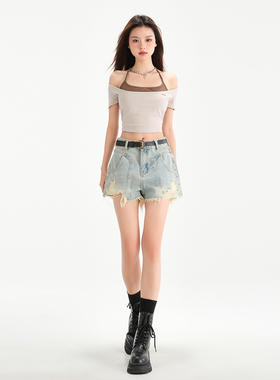 浅蓝色毛边高腰牛仔短裤女夏季新品2025辣妹显瘦阔腿流苏a字热裤