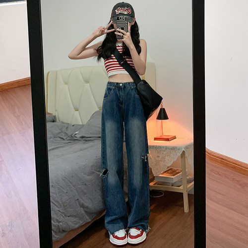 复古蓝破洞牛仔裤女辣妹新款高腰