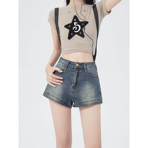 美式复古牛仔短裤女2023夏装新款高腰修身显瘦显腿长辣妹包臀热裤