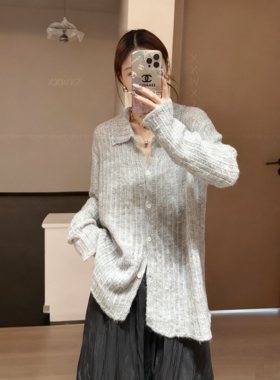 韩国东大门秋季新款气质翻领针织宽松百搭软糯坑条肌理针织上衣女