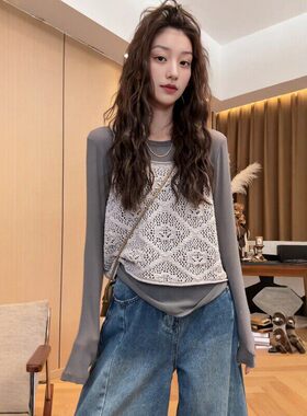 大码女装老钱风镂空钩花针织吊带背心春夏季新款灰色外搭无袖上衣