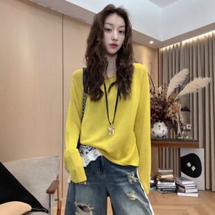 大码女装卷边长袖薄款防晒针织衫t恤2026夏季新款显瘦遮肚子上衣