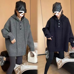 高级感欧货连帽灰色毛衣女冬胖mm慵懒风软糯宽松中长款内搭上衣