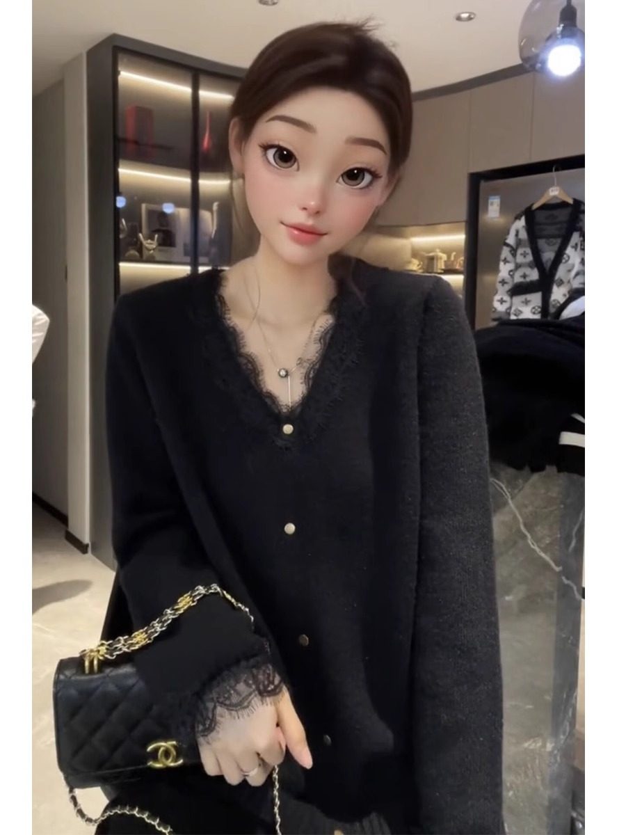 法式气质拼接蕾丝V领毛衣女秋冬修身显瘦别致内搭针织衫欧货上衣,女装/女士精品,毛针织衫,淘宝优惠券,粉丝福利购,淘宝优惠卷