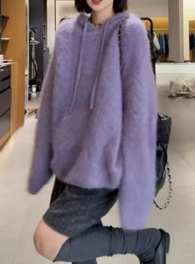 大码慵懒风紫色连帽毛衣针织衫女胖MM秋冬加厚内搭打底衫毛绒上衣