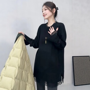 设计感蕾丝下摆拼接毛衣女2026冬季大码胖MM中长款显瘦遮臀上衣