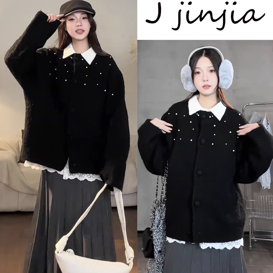 高级感黑色圆领钉珠毛衣女冬季