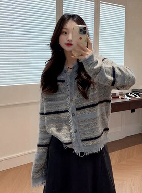 大码慵懒感小香风毛针织开衫女早春新款胖mm宽松显瘦别致外穿上衣