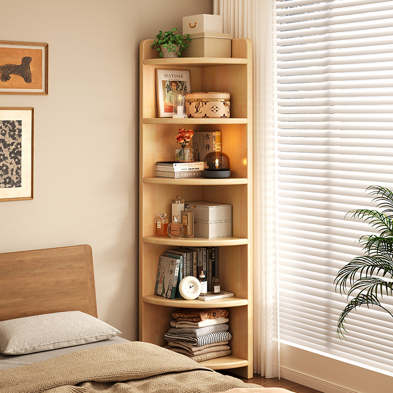 实木床边置物架转角床头收纳架卧室墙角多层落地拐角柜子扇形书架