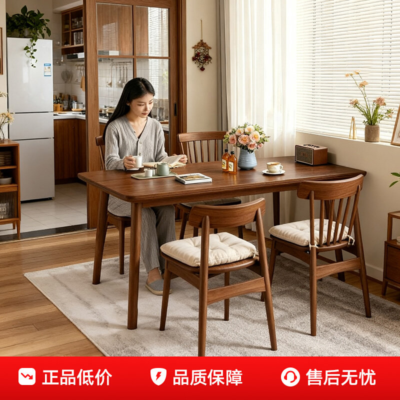 实木餐桌黑胡桃色大板桌家用小户型简约吃饭桌子长方形餐桌椅组合