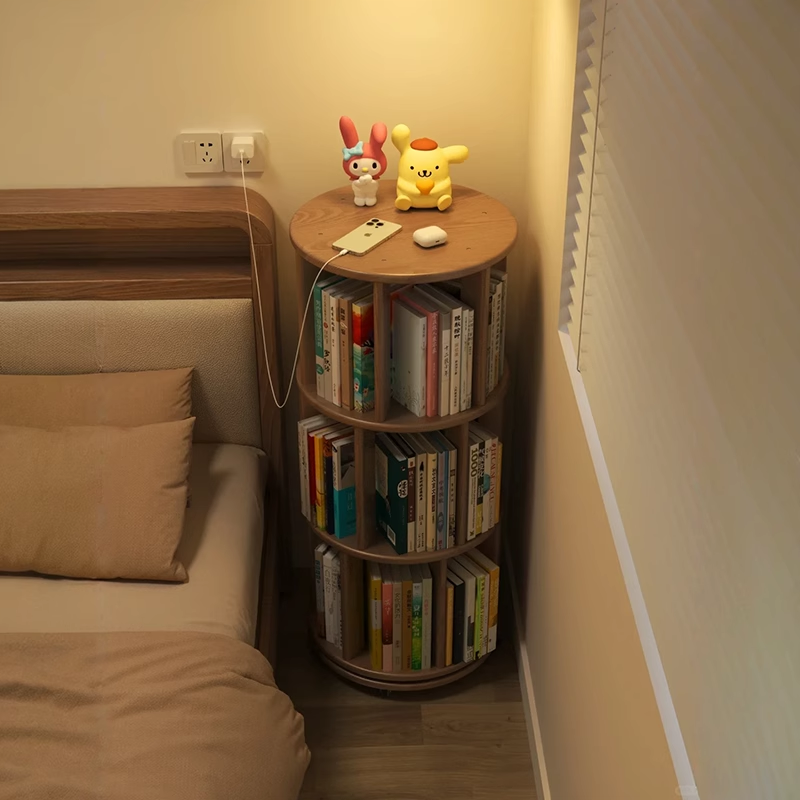 旋转书架一体靠墙可移动书柜小型实木储物柜床头转角360度置物架