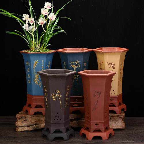 紫砂花盆中国风简约家用透气陶瓷