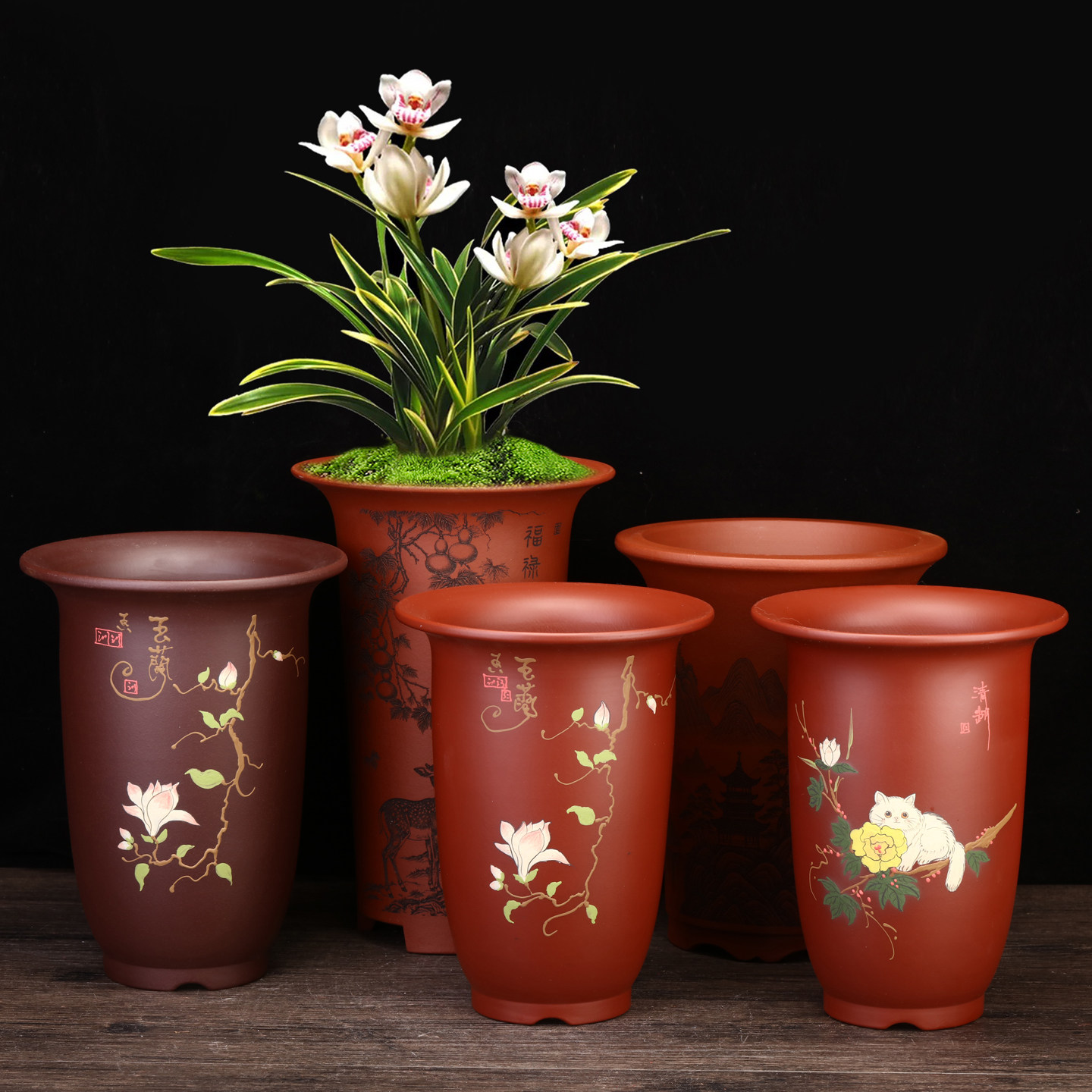紫砂花盆兰花专用盆桌面精品高档蕙兰春兰大红袍金钟手工泥绘包邮