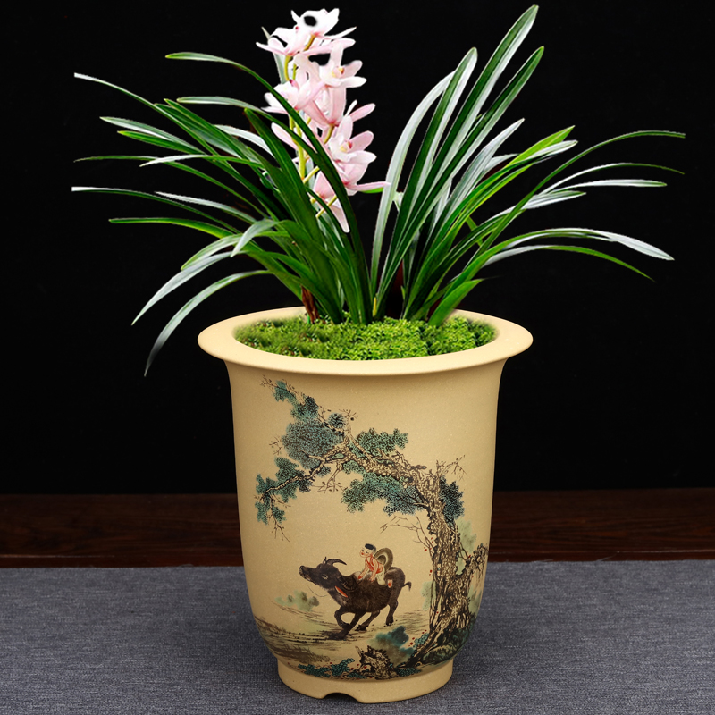 紫砂兰花盆手工贴画透气陶瓷蝴蝶兰蕙兰专用客厅桌面古典绿植包邮