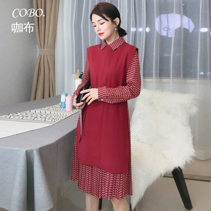 咖布高阶叠搭！超美，车厘子红！法系优雅 针织衫马甲+印花连衣裙