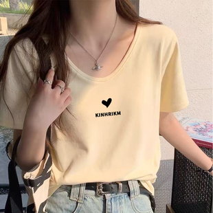 杏黄色纯棉正肩v领短袖t恤女夏季设计感小众打底衫纯棉内搭上衣