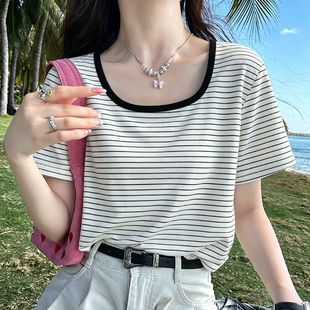 美式复古撞色条纹短袖t恤女夏季2026新款韩系简约百搭方领上衣服