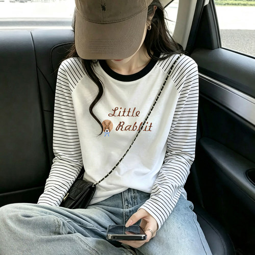 2026新款美式撞色条纹插肩袖长袖T恤女灰色圆领百搭春秋内搭上衣