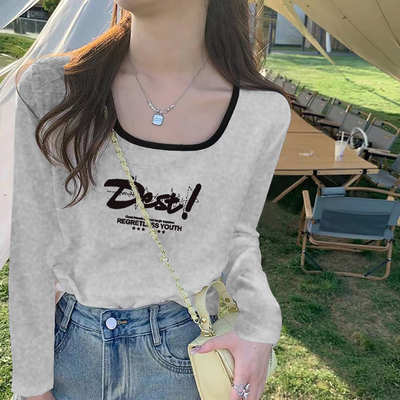 美式复古撞色字母印花2025春秋季方领长袖T恤女纯棉打底衫上衣