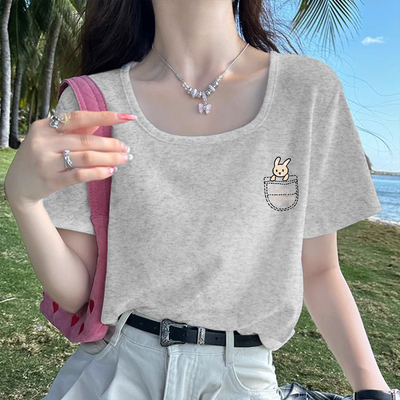 正肩t恤女短袖2026夏季新款灰色显瘦方领露锁骨上衣纯棉内搭体恤