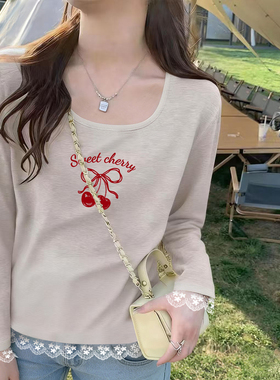 灰色方领纯棉长袖T恤女白色减龄ins正肩蕾丝拼接设计感上衣打底衫