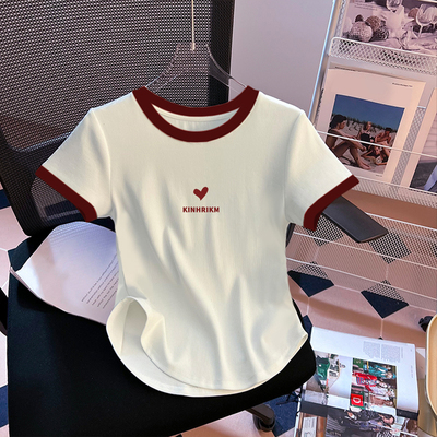 夏季新款纯棉正肩短袖t恤女撞色百搭设计感修身短款小个子上衣