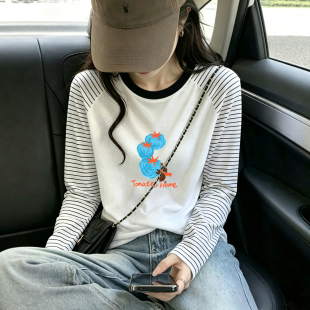 2026春秋季美式撞色条纹插肩袖长袖T恤女圆领百搭设计感棉质上衣