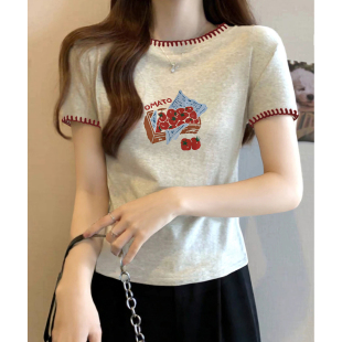 t恤女圆领上衣螺纹棉打底衫 夏季 撞色明线设计感灰色短袖 韩版 新款