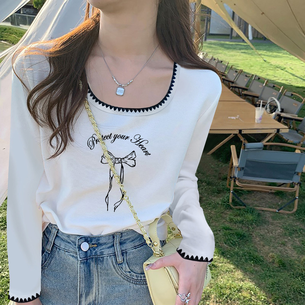 2026春秋新款潮流小众别致花边撞色方领长袖t恤女纯棉上衣打底ins