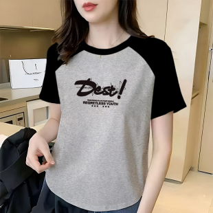 T恤女显瘦拼色印花上衣潮 2025夏季 新款 纯棉时尚 百搭圆领插肩短袖