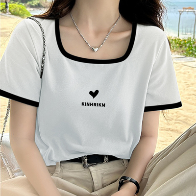 方领短袖t恤女2025新款夏季纯棉正肩显瘦上衣ins潮百搭撞色打底衫