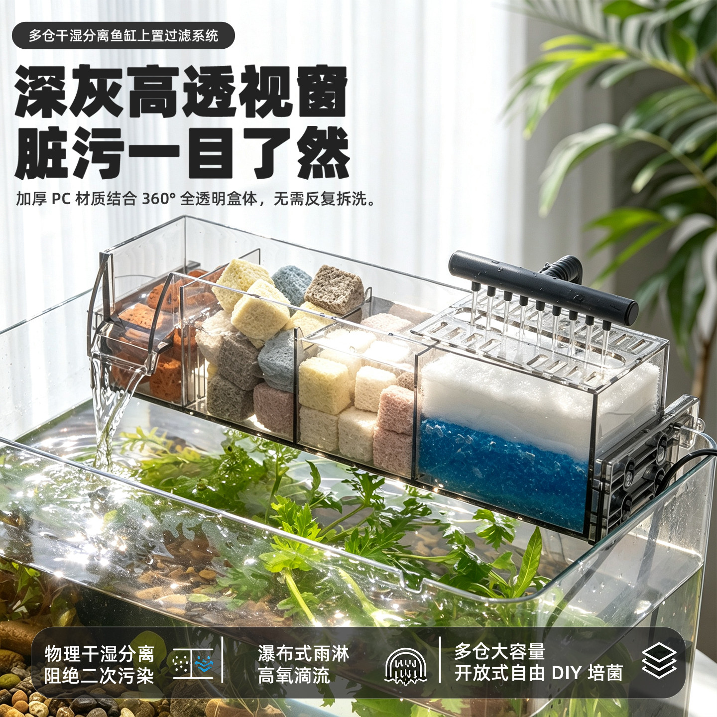 小鱼缸过滤器壁挂过滤盒内置滴流盒净水循环三合一制氧一体机上滤