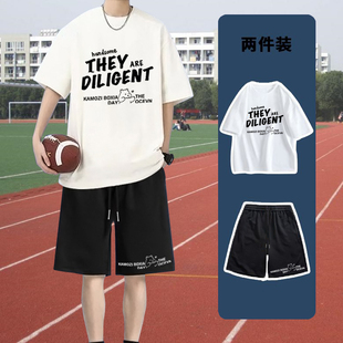夏季纯棉休闲运动套装短袖T恤痞帅男友风短裤学生情侣时髦两件套