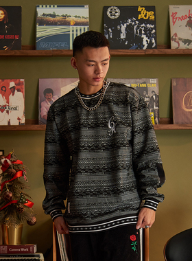 ChillHigh 秋冬西海岸复古花纹立体浮提花街头潮流圆领卫衣